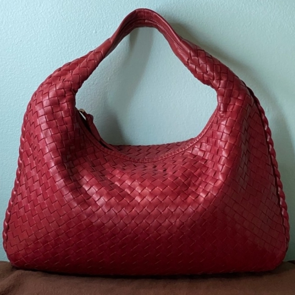 Bottega Veneta Red Leather Woven Hobo Shape Bag